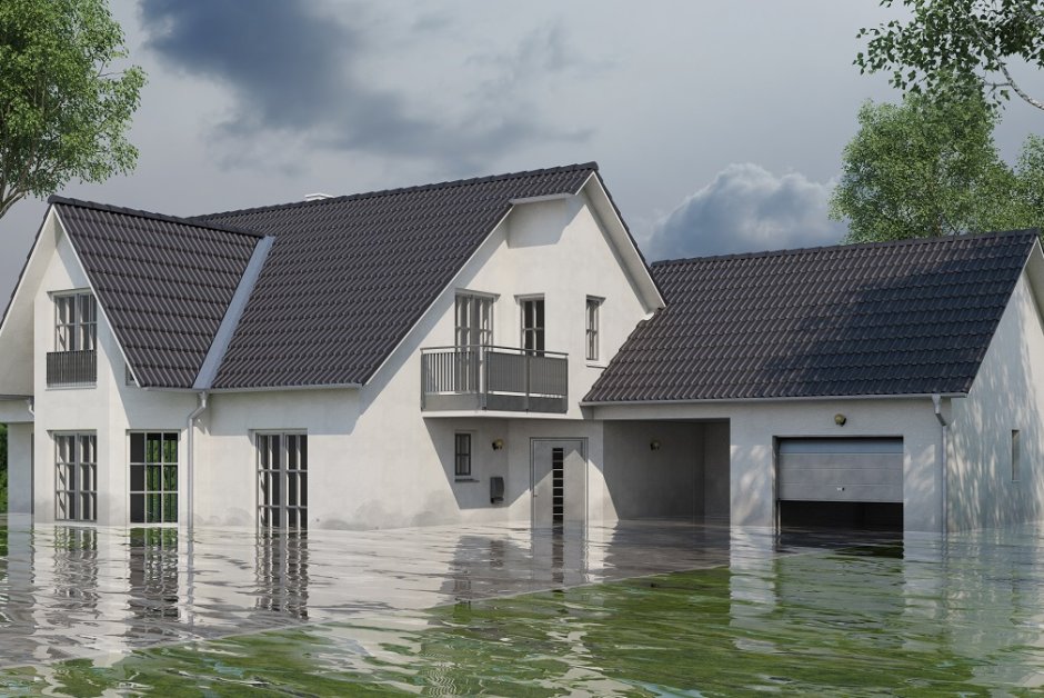 Ein Haus das nach Hochwasser einen Wasserschaden hat